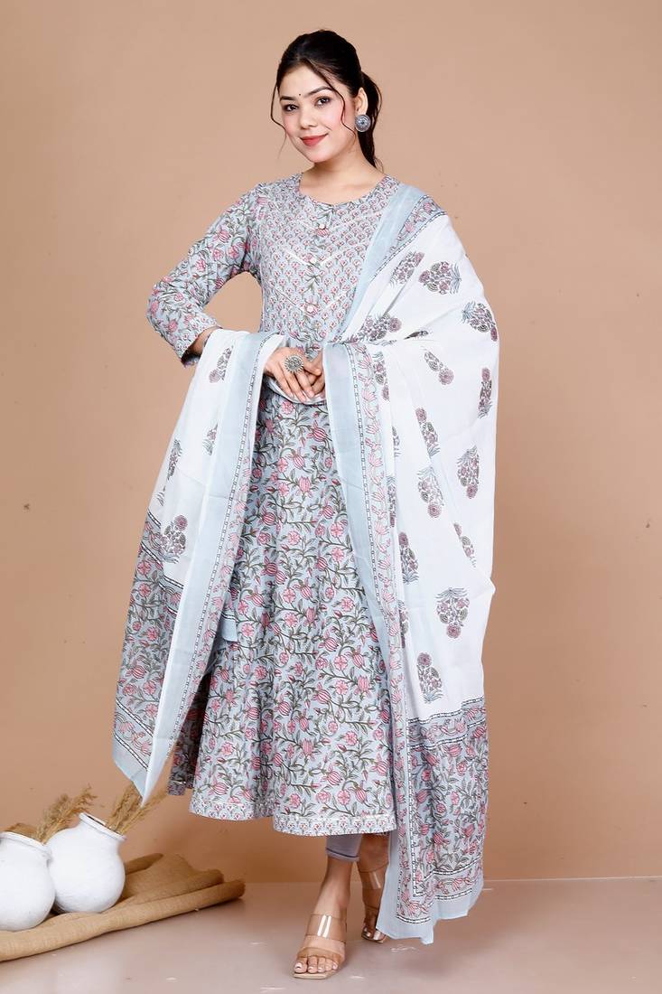 Blue Printed with Gota Patti Work Anarkali Kurta with Dupatta
