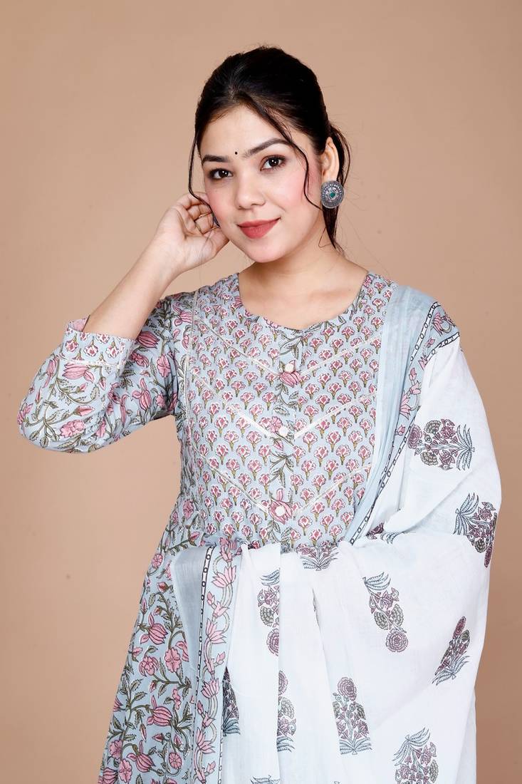 Blue Printed with Gota Patti Work Anarkali Kurta with Dupatta