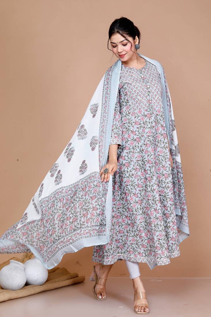 Blue Printed with Gota Patti Work Anarkali Kurta with Dupatta