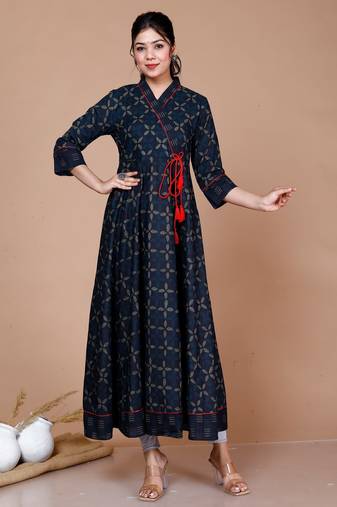 Womens Floral Print Ankle Length Anarkali - Angrakha Style Kurta