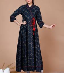 Womens Floral Print Ankle Length Anarkali - Angrakha Style Kurta