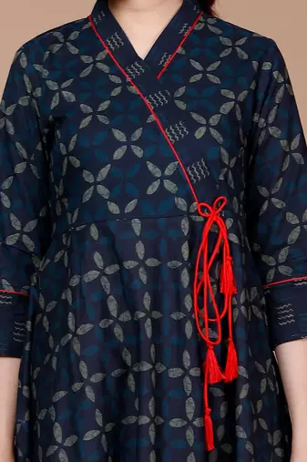 Womens Floral Print Ankle Length Anarkali - Angrakha Style Kurta