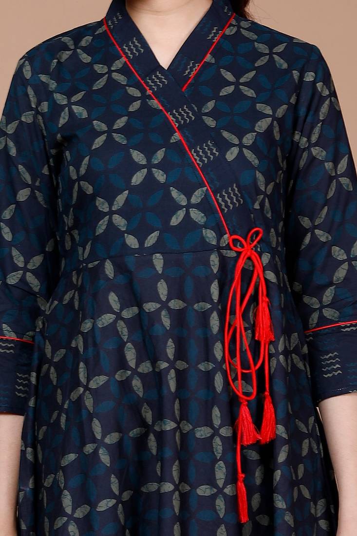 Womens Floral Print Ankle Length Anarkali - Angrakha Style Kurta