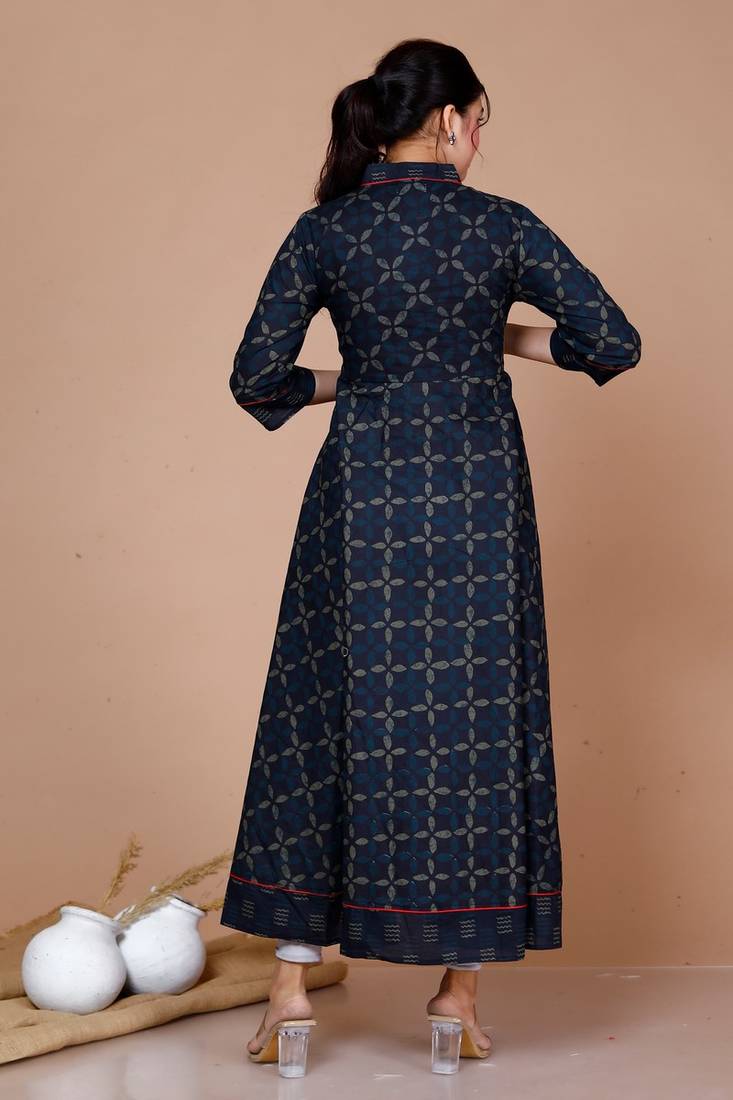 Womens Floral Print Ankle Length Anarkali - Angrakha Style Kurta