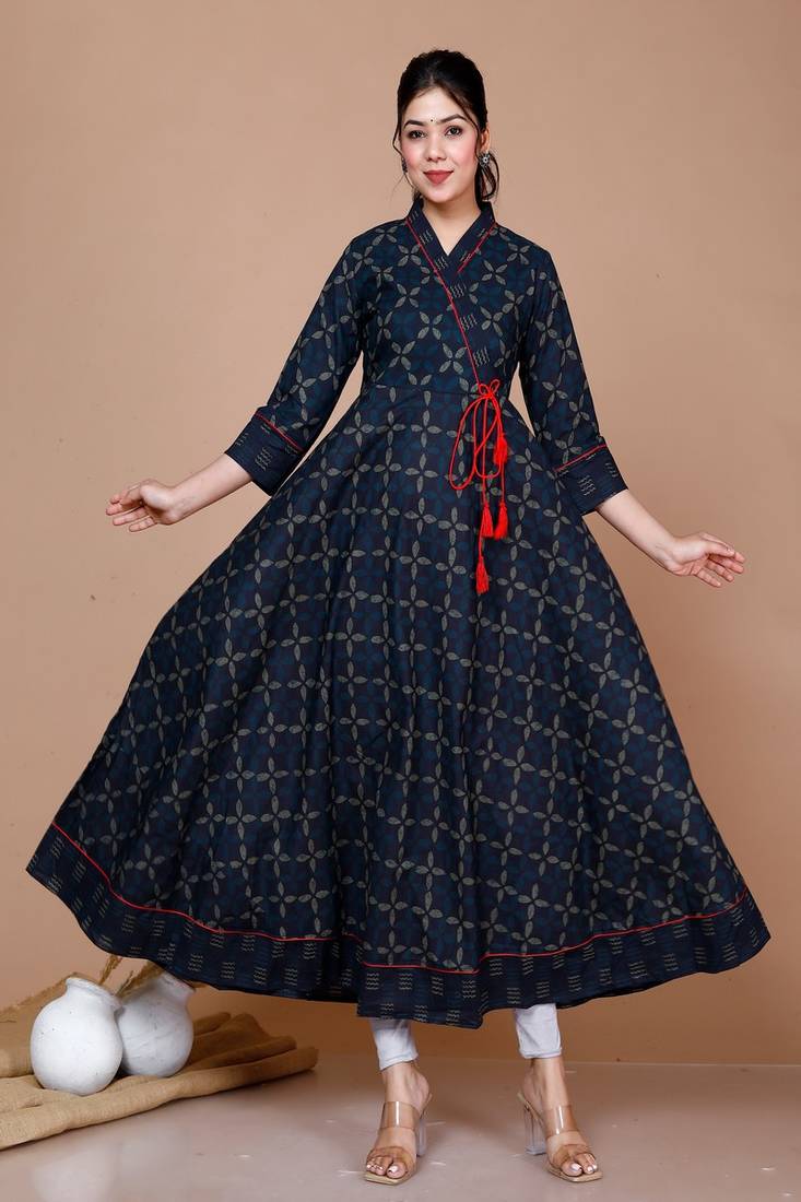 Womens Floral Print Ankle Length Anarkali - Angrakha Style Kurta