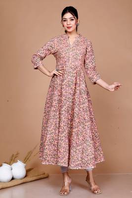 Womens Orange Floral Printed Thread Work Anarkali Kurta 1