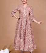 Womens Orange Floral Printed Thread Work Anarkali Kurta