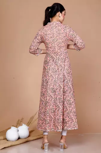Womens Orange Floral Printed Thread Work Anarkali Kurta