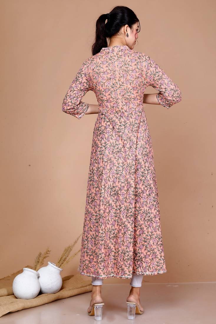 Womens Orange Floral Printed Thread Work Anarkali Kurta