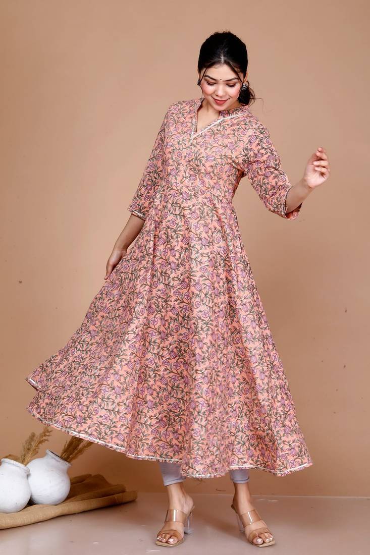 Womens Orange Floral Printed Thread Work Anarkali Kurta