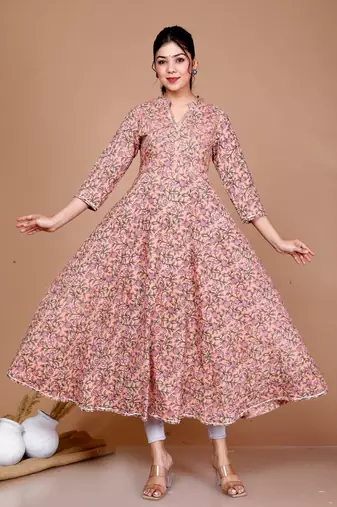 Womens Orange Floral Printed Thread Work Anarkali Kurta