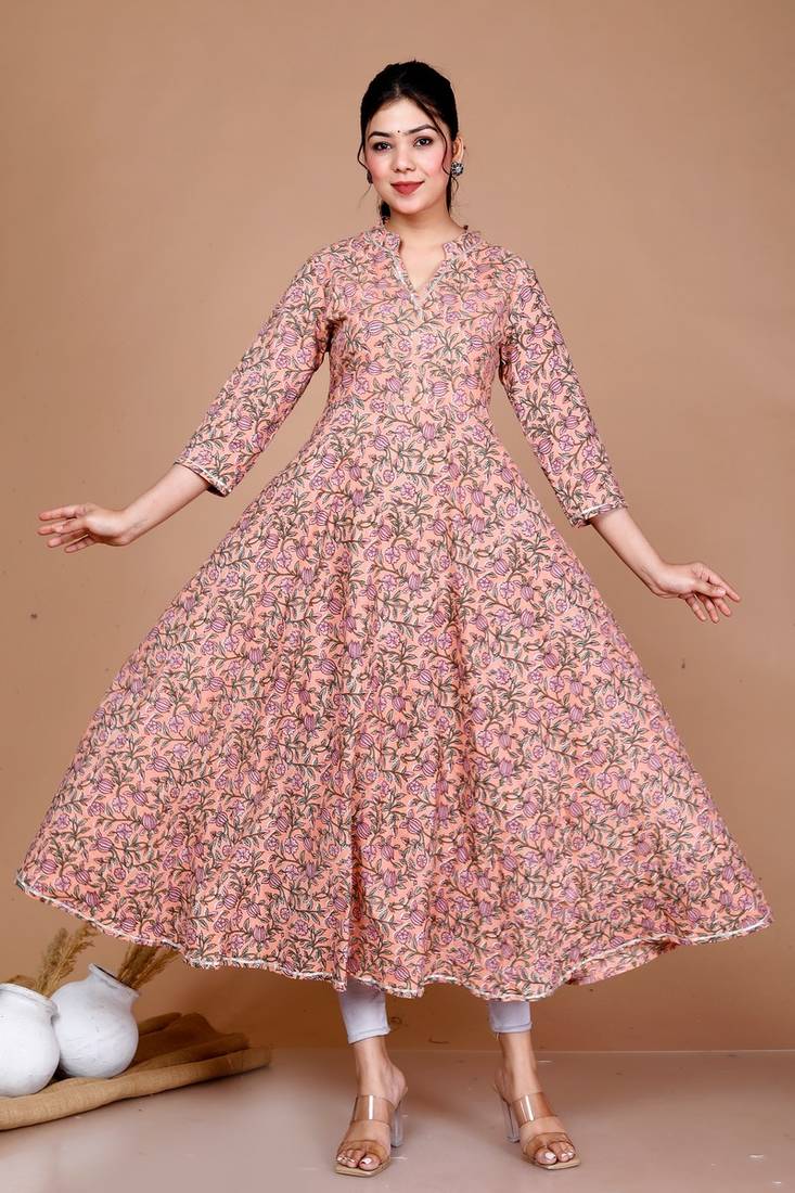 Womens Orange Floral Printed Thread Work Anarkali Kurta