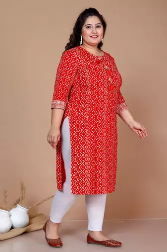 Womens festive wear red Bandhani Printed Straight Kurta