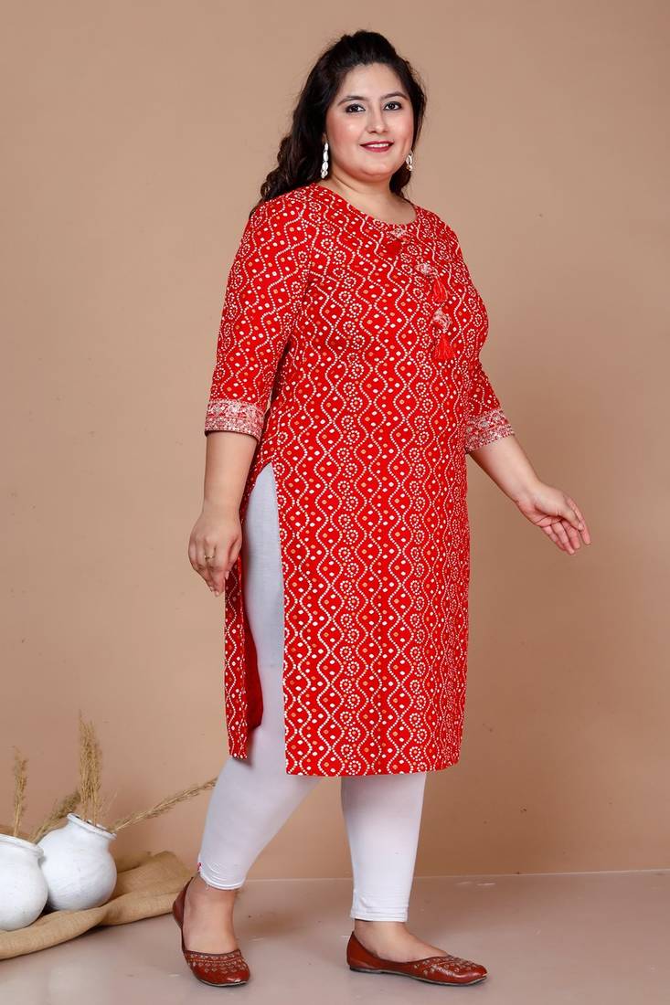 Womens festive wear red Bandhani Printed Straight Kurta