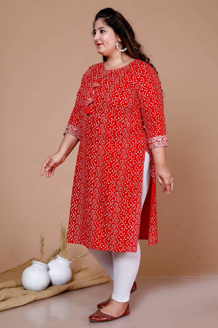 Womens festive wear red Bandhani Printed Straight Kurta