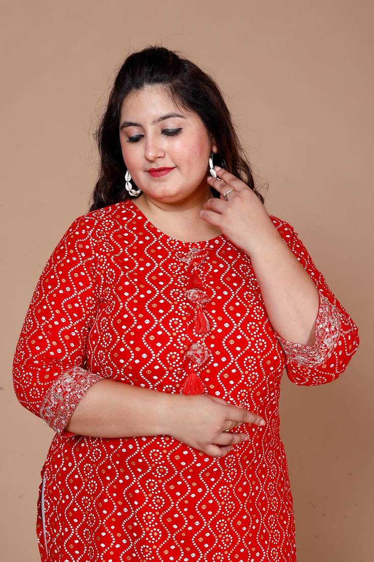 Womens festive wear red Bandhani Printed Straight Kurta