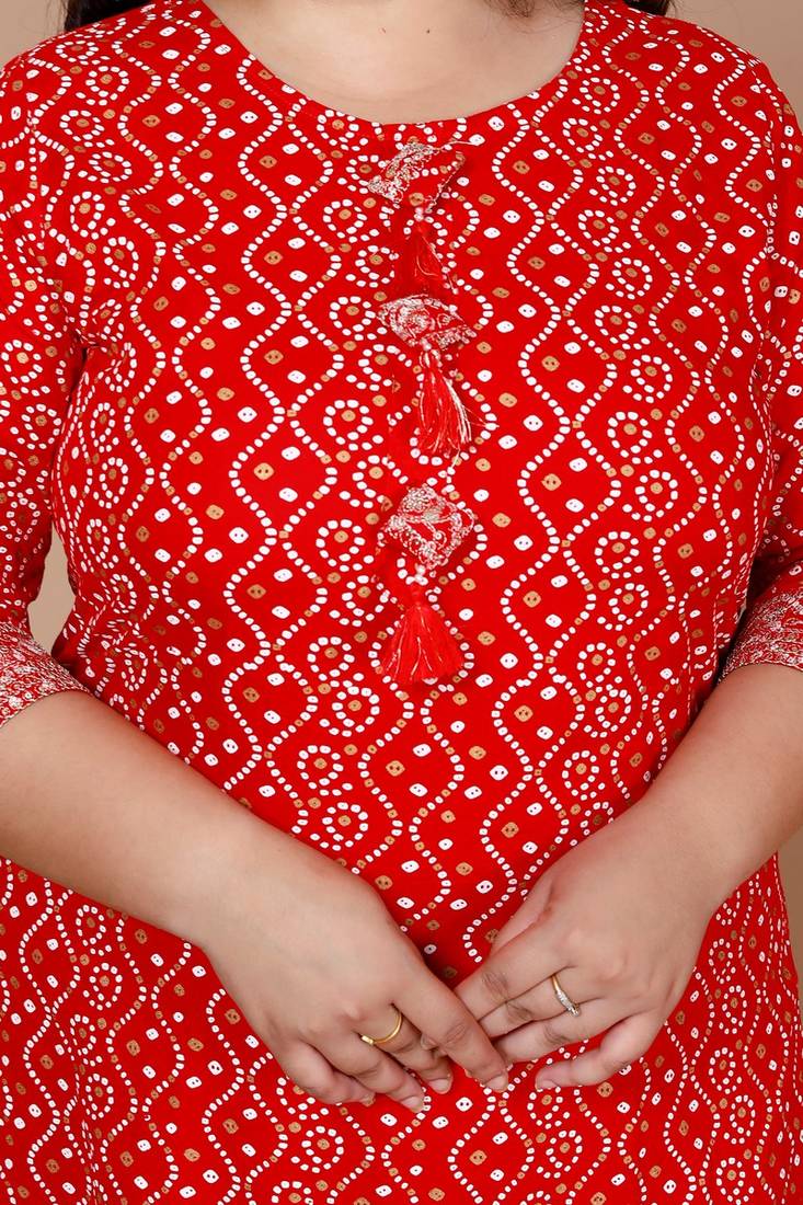 Womens festive wear red Bandhani Printed Straight Kurta