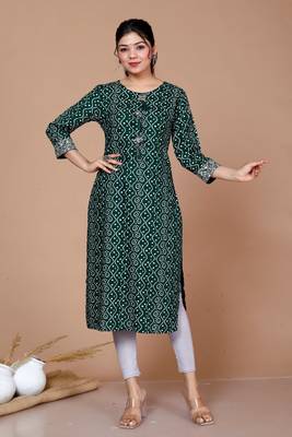 Womens Rayon Bandhani Print Straight Kurta Green 1
