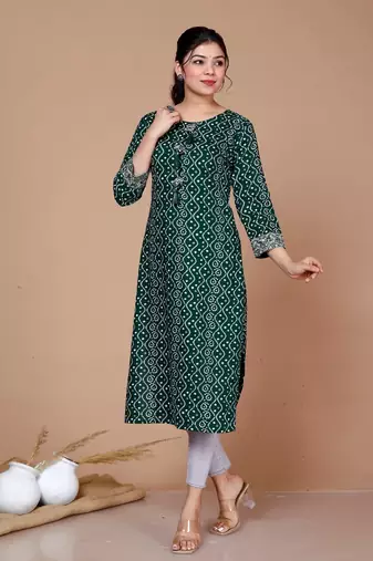 Womens Rayon Bandhani Print Straight Kurta Green