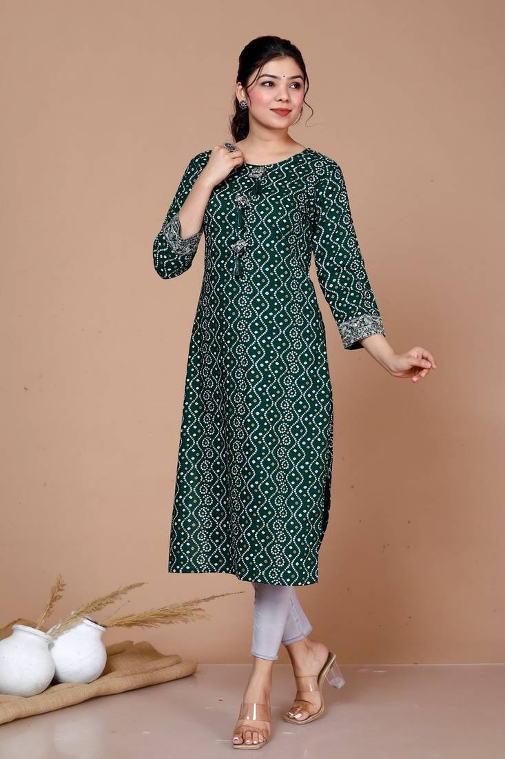 Womens Rayon Bandhani Print Straight Kurta Green
