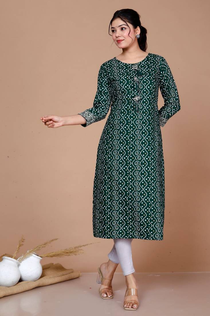 Womens Rayon Bandhani Print Straight Kurta Green