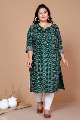 Womens Plus Size Rayon Bandhani Print Straight Kurta Green 1