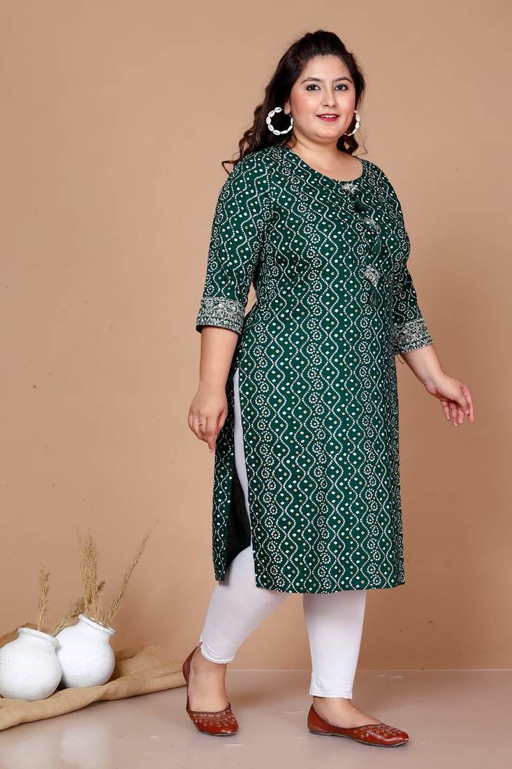 Womens Plus Size Rayon Bandhani Print Straight Kurta Green