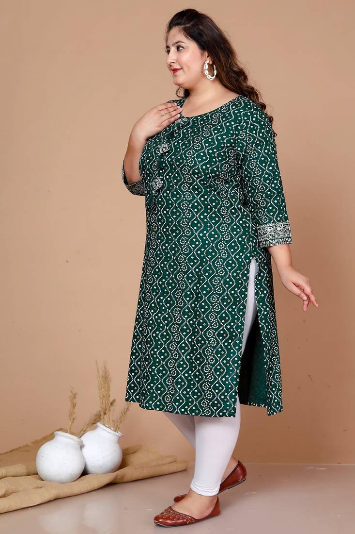 Womens Plus Size Rayon Bandhani Print Straight Kurta Green