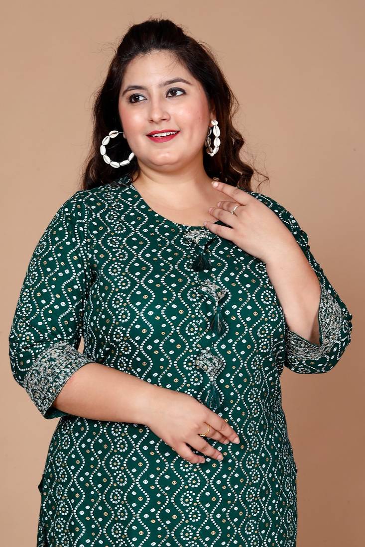 Womens Plus Size Rayon Bandhani Print Straight Kurta Green