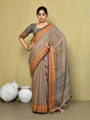 Elora linen plain handloom designer saree for women (brown) 1