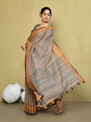Elora linen plain handloom designer saree for women (brown) 2