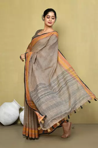 Elora linen plain handloom designer saree for women (brown)