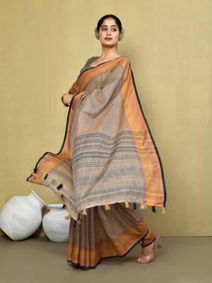 Elora linen plain handloom designer saree for women (brown) 3