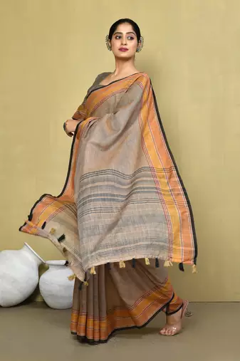 Elora linen plain handloom designer saree for women (brown)