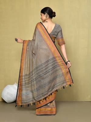 Elora linen plain handloom designer saree for women (brown) 4