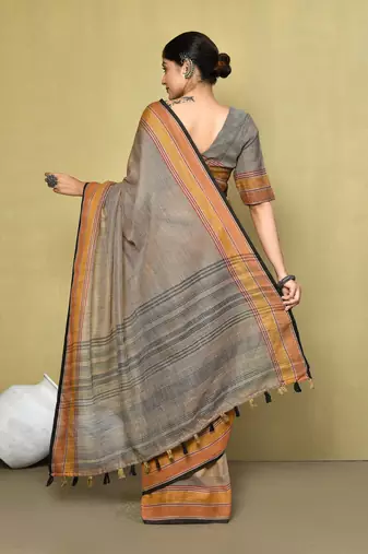 Elora linen plain handloom designer saree for women (brown)