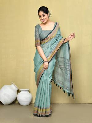 Elora linen plain handloom designer saree for women (sea green) 1