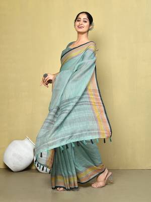 Elora linen plain handloom designer saree for women (sea green) 2