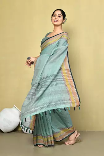 Elora linen plain handloom designer saree for women (sea green)