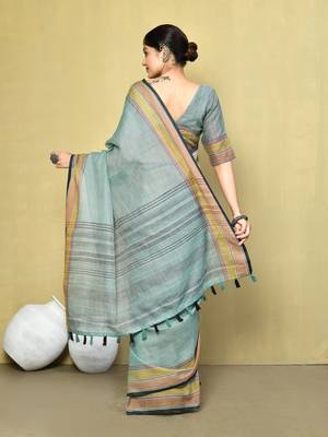 Elora linen plain handloom designer saree for women (sea green) 3