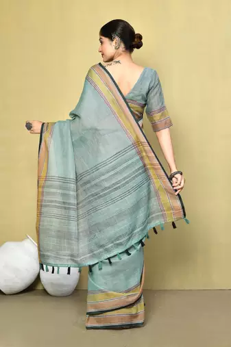 Elora linen plain handloom designer saree for women (sea green)