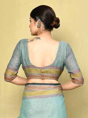 Elora linen plain handloom designer saree for women (sea green) 5