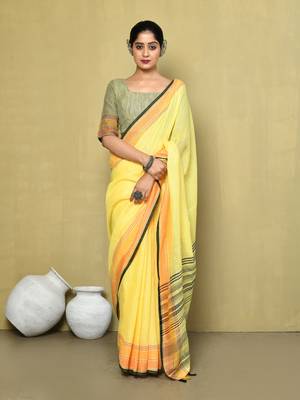 Elora linen plain handloom designer saree for women (yellow) 1