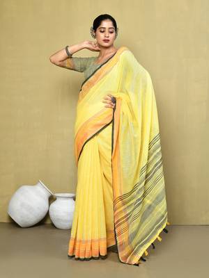 Elora linen plain handloom designer saree for women (yellow) 2