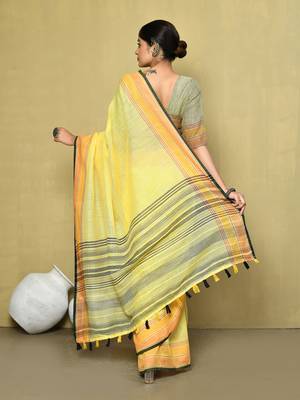 Elora linen plain handloom designer saree for women (yellow) 3