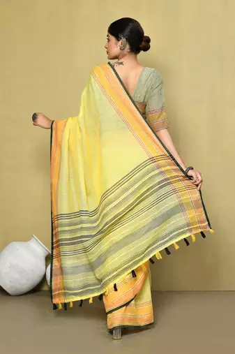 Elora linen plain handloom designer saree for women (yellow)