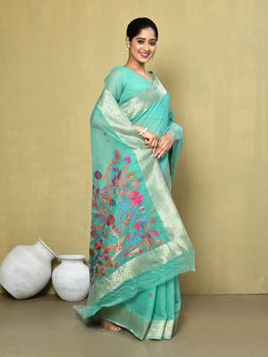 Elora cotton floral embroidered designer saree for women (green) 2