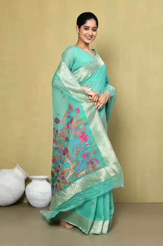 Elora cotton floral embroidered designer saree for women (green)