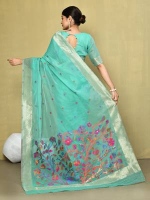 Elora cotton floral embroidered designer saree for women (green) 3