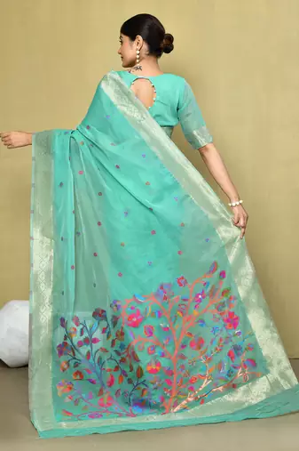 Elora cotton floral embroidered designer saree for women (green)
